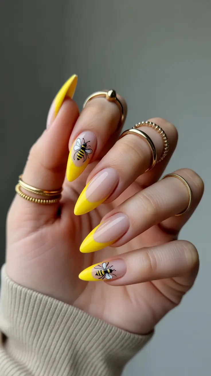 best classy spring nails 2026 Bright Honeybee Almond Tips