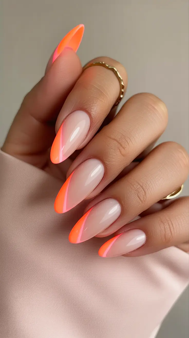 best classy spring nails 2026 Neon Sunrise Slanted Tips