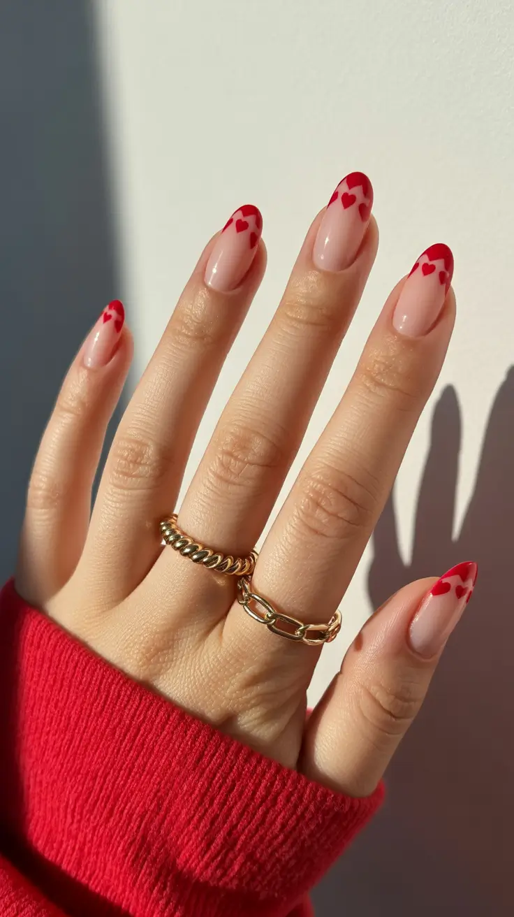 best spring french tip nails 2026 Romantic micro-heart French in red