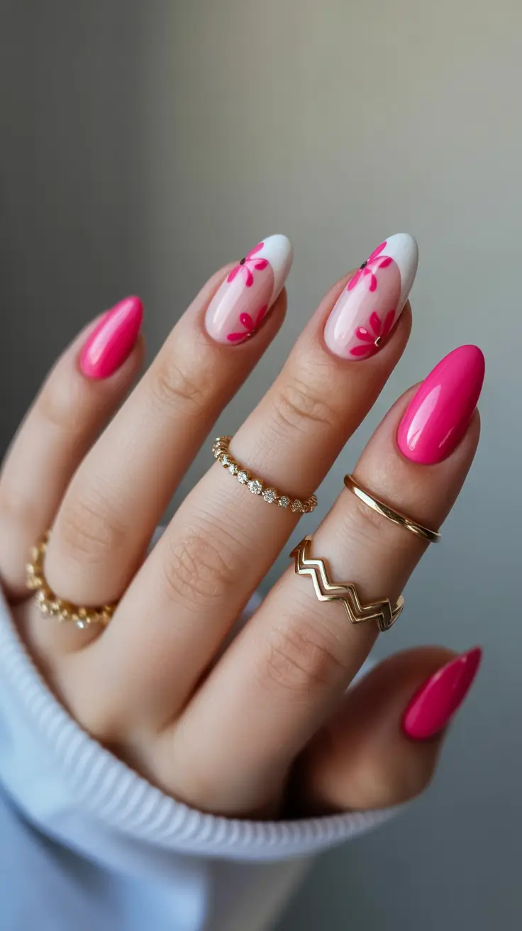 best spring french tip nails 2026 Floral pink accent French almond