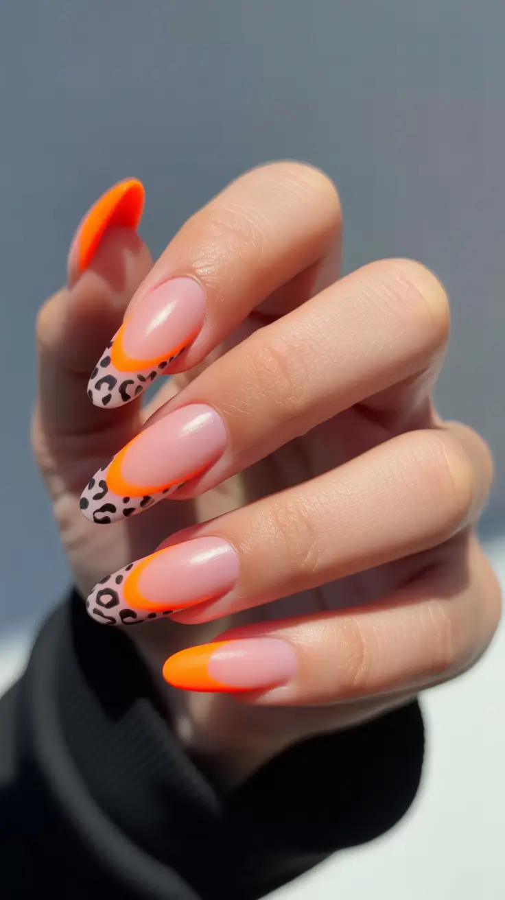 best spring french tip nails 2026 Neon orange leopard French almond