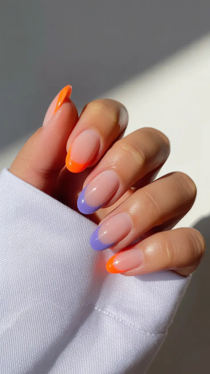 best spring french tip nails 2026 Mixed pastel purple and orange French