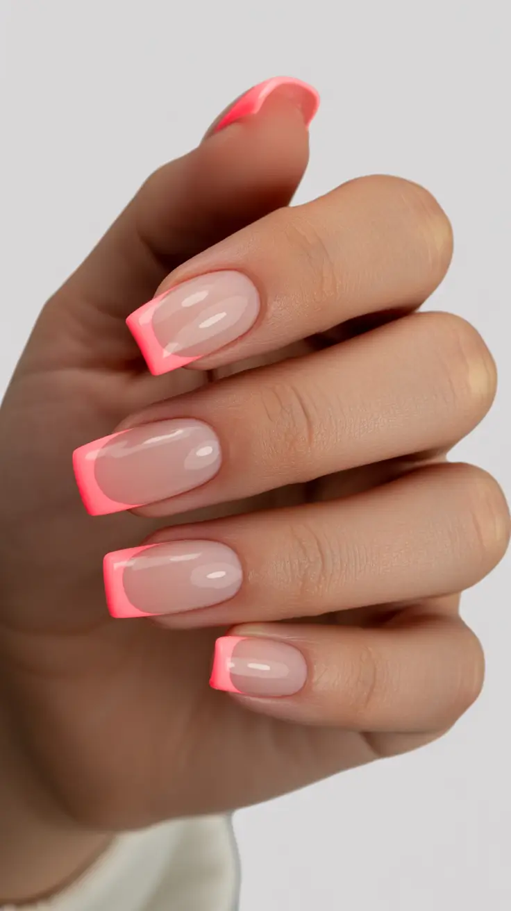 best spring french tip nails 2026 Neon coral square French glow