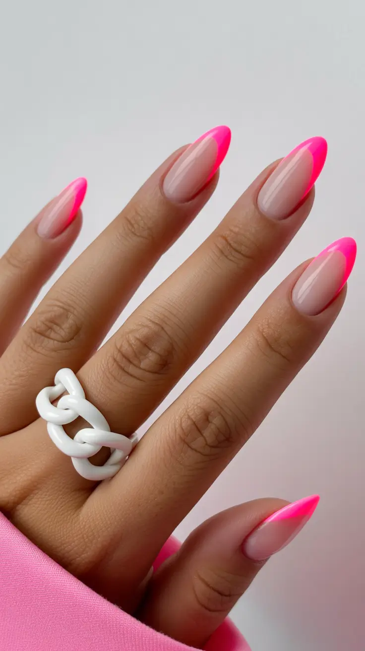 best spring french tip nails 2026 Neon pink edge French