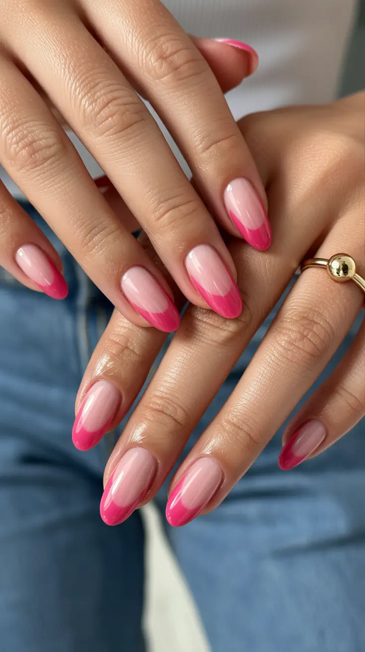 best spring french tip nails 2026 Glossy hot pink almond French