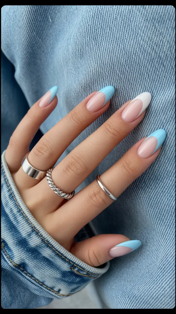 best spring french tip nails 2026 Baby blue and white mix French