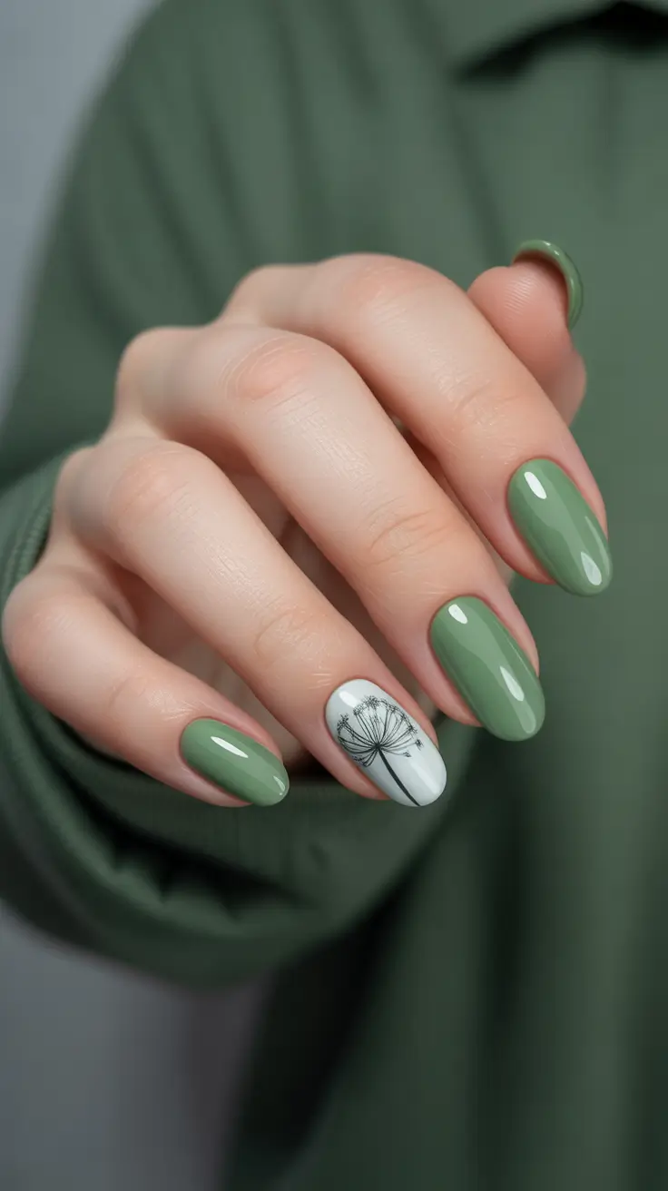 spring gel nails 2026 Soft Sage Green With Dandelion Sketch Detail