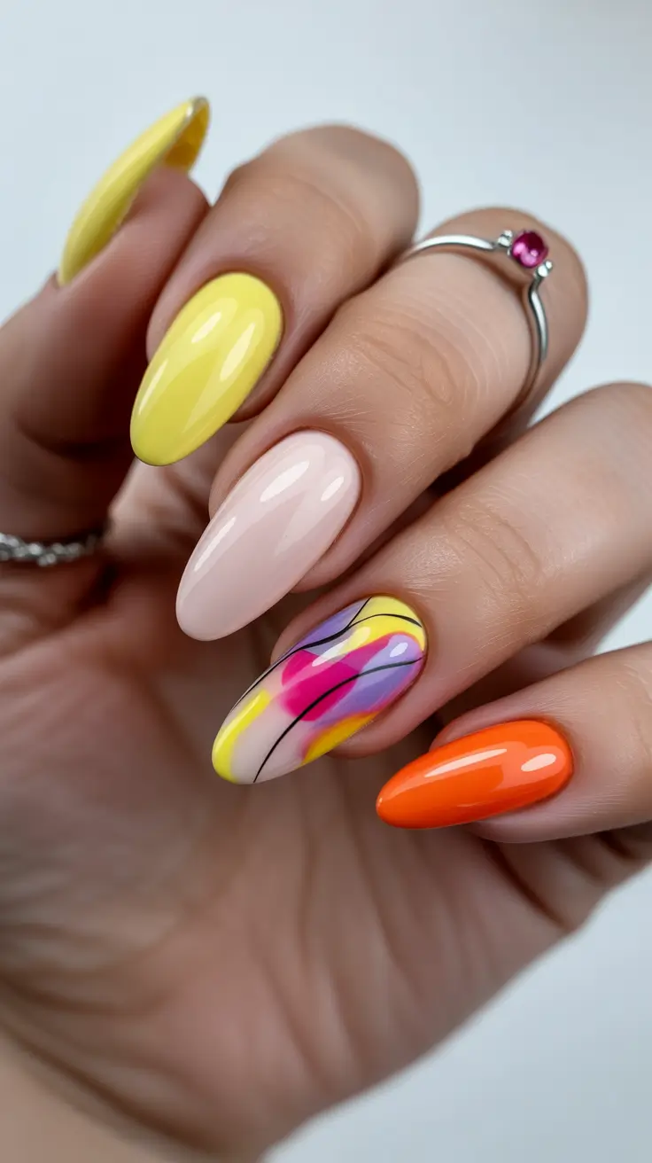 spring gel nails 2026 Warm Sunshine Tones With Abstract Art Accents