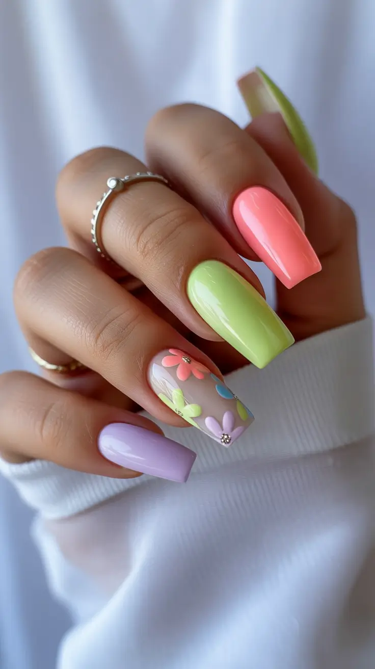 spring gel nails 2026 Pastel Florals With Glossy Spring Brights