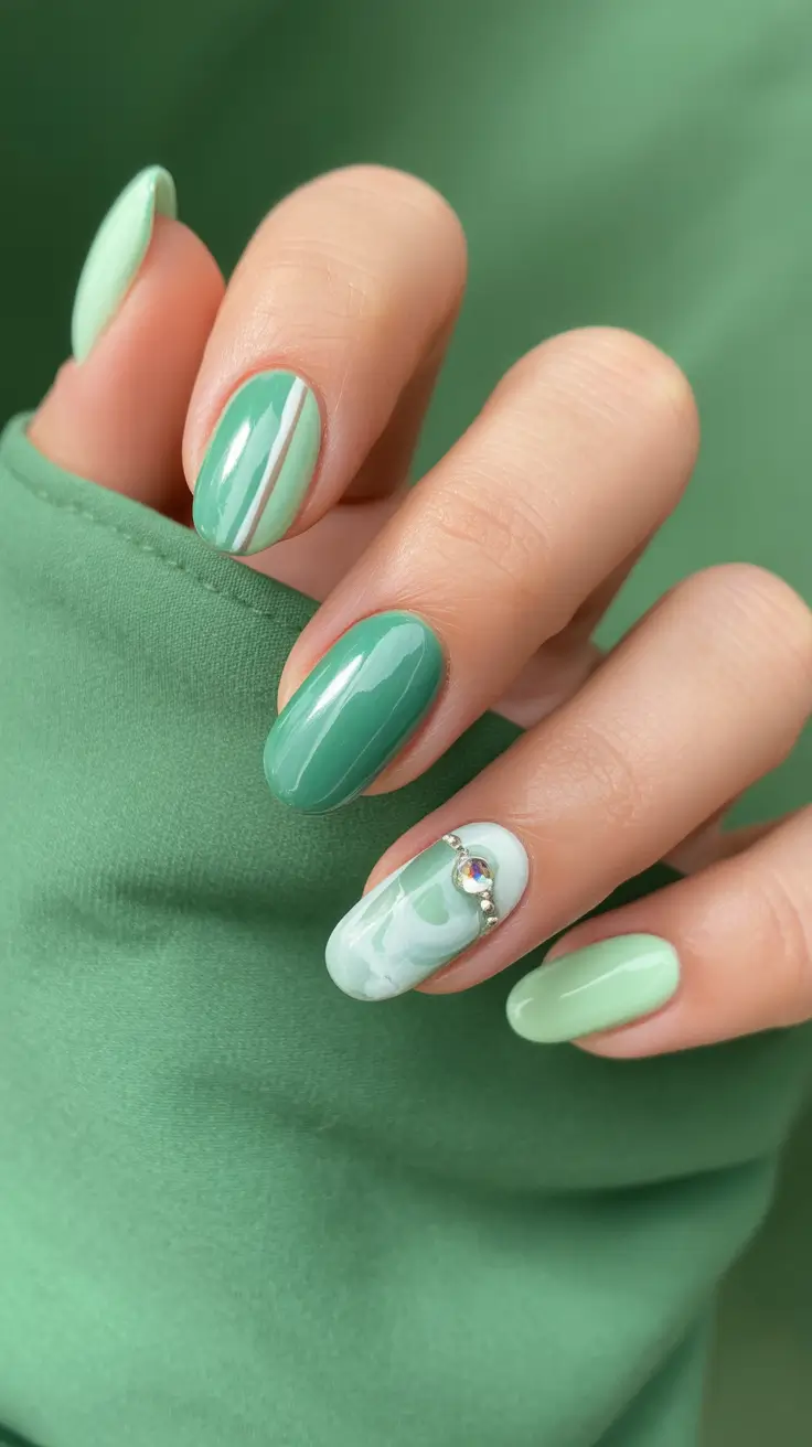 spring gel nails 2026 Mint Green Harmony With Marbled and Crystal Accents