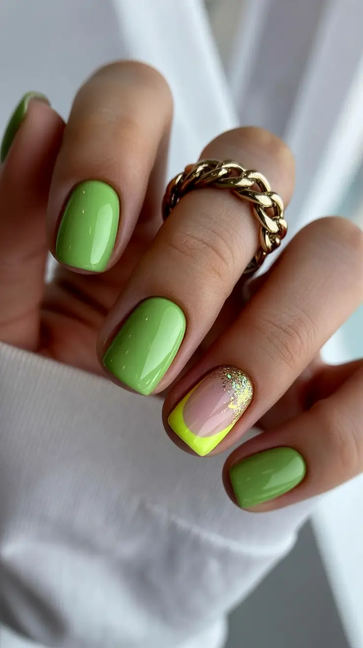 spring gel nails 2026 Fresh Lime Shine With Glitter-Tipped Accent