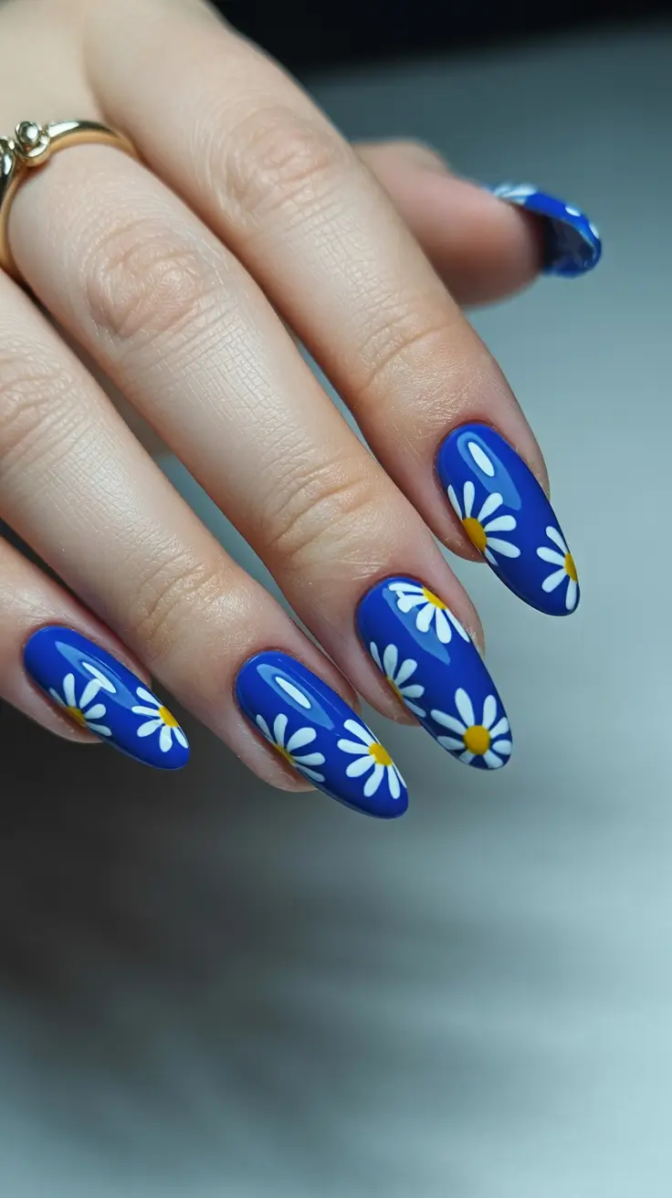 spring gel nails 2026 Bold Blue Daisy Art for a Retro Spring Moment