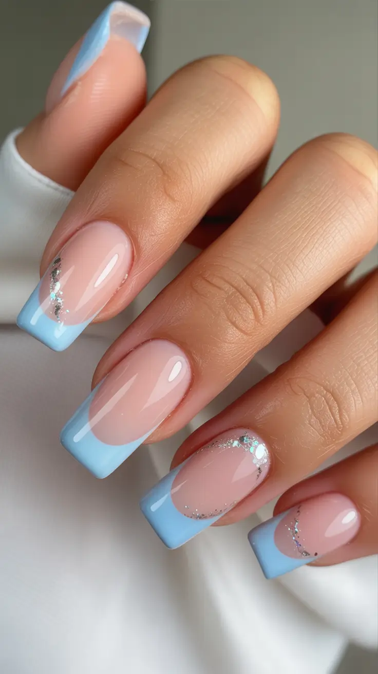spring gel nails 2026 Soft Sky Blue French Tips With Silver Glimmer