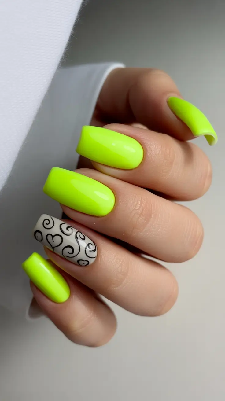 spring gel nails 2026 Neon Glow With Swirl Accents