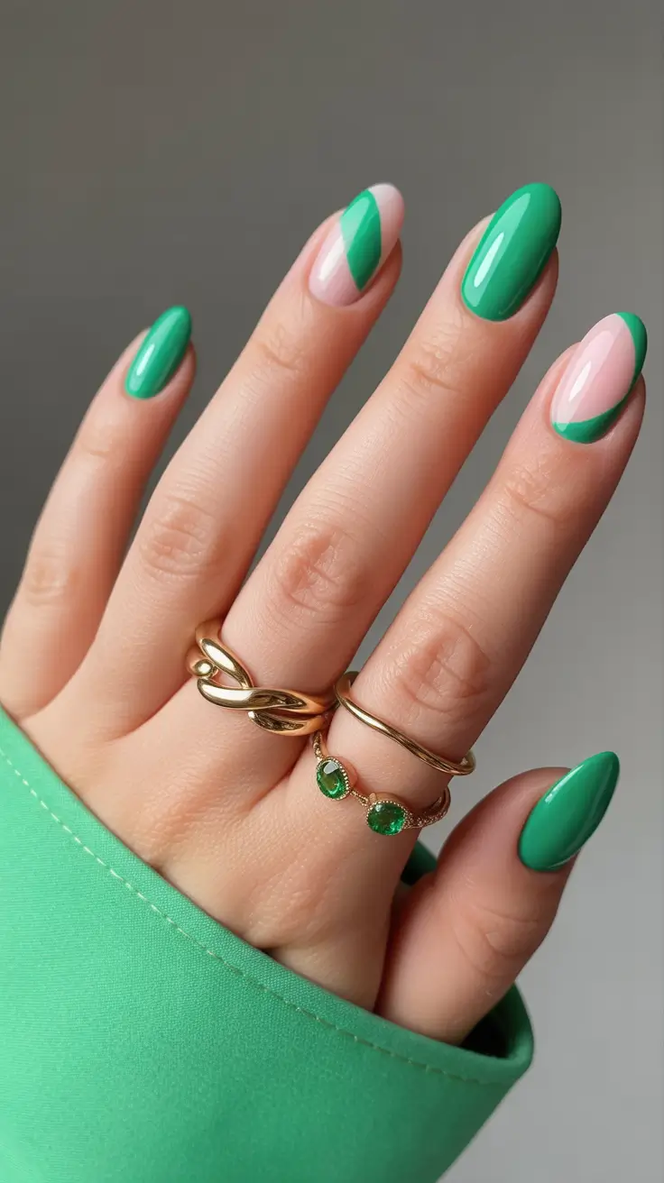 spring gel nails 2026 Emerald Diagonal Color Blocks With Glossy Finish