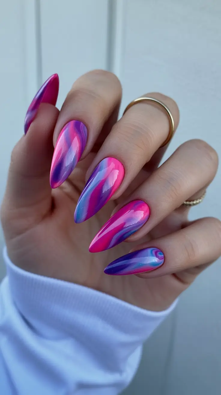 spring gel nails 2026 Electric Pink and Blue Chrome Swirls