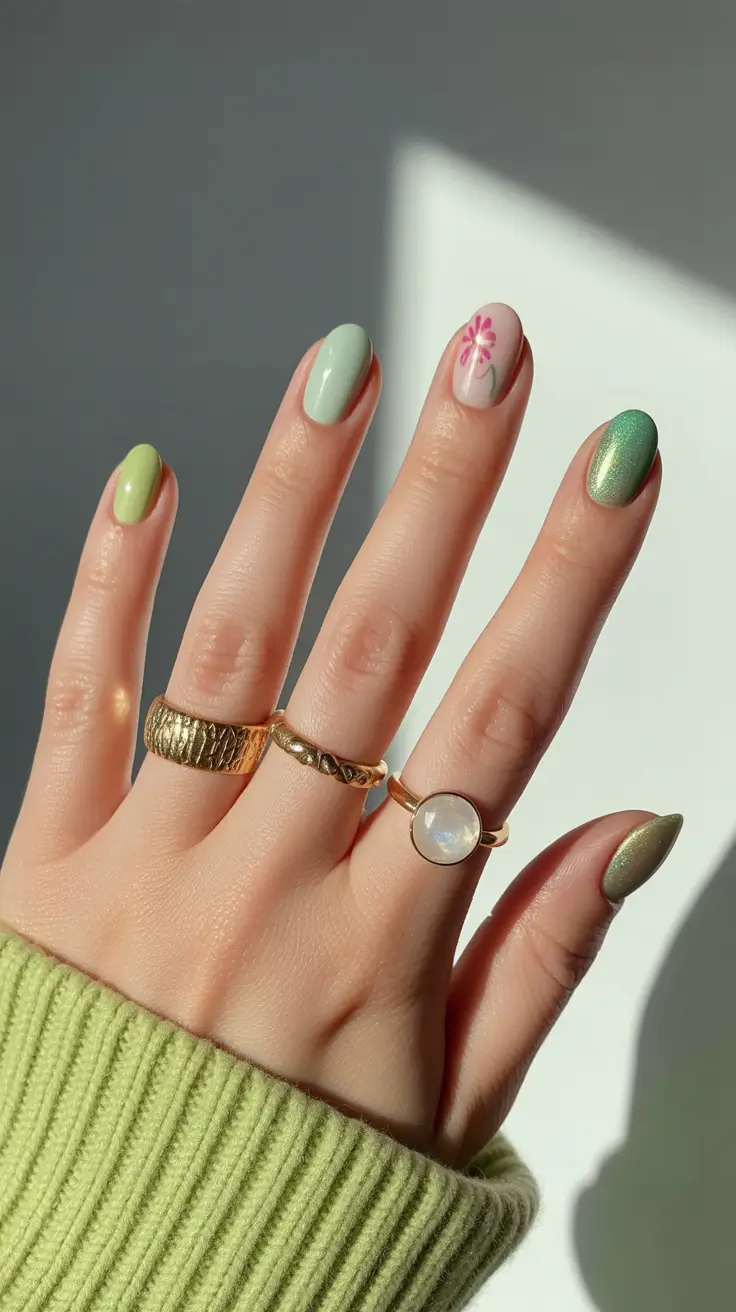 spring gel nails 2026 Soft Green Mix With A Single Floral Accent