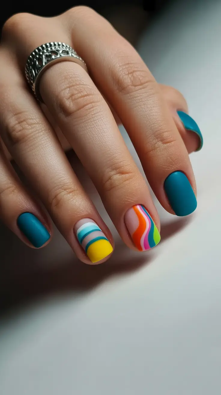 spring gel nails 2026 Retro Color Stripes In Matte Teal