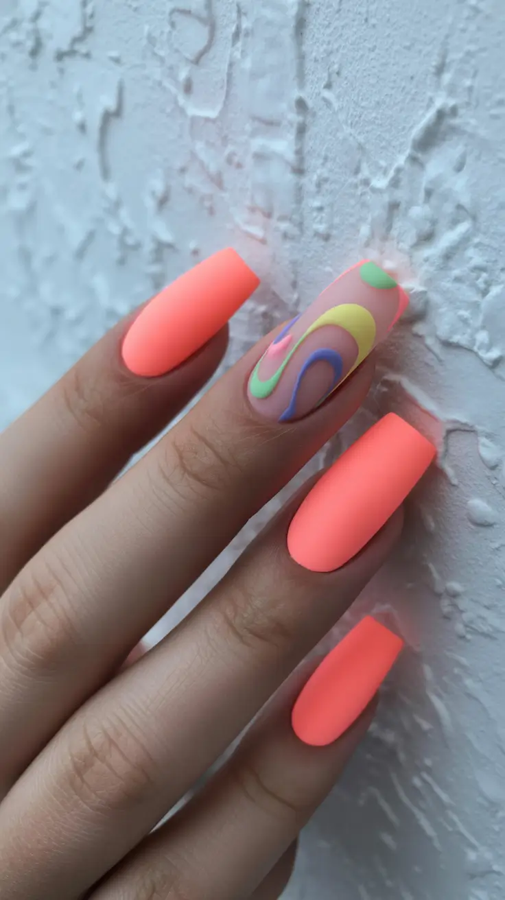 spring gel nails 2026 Neon Coral With Abstract Pastel Waves