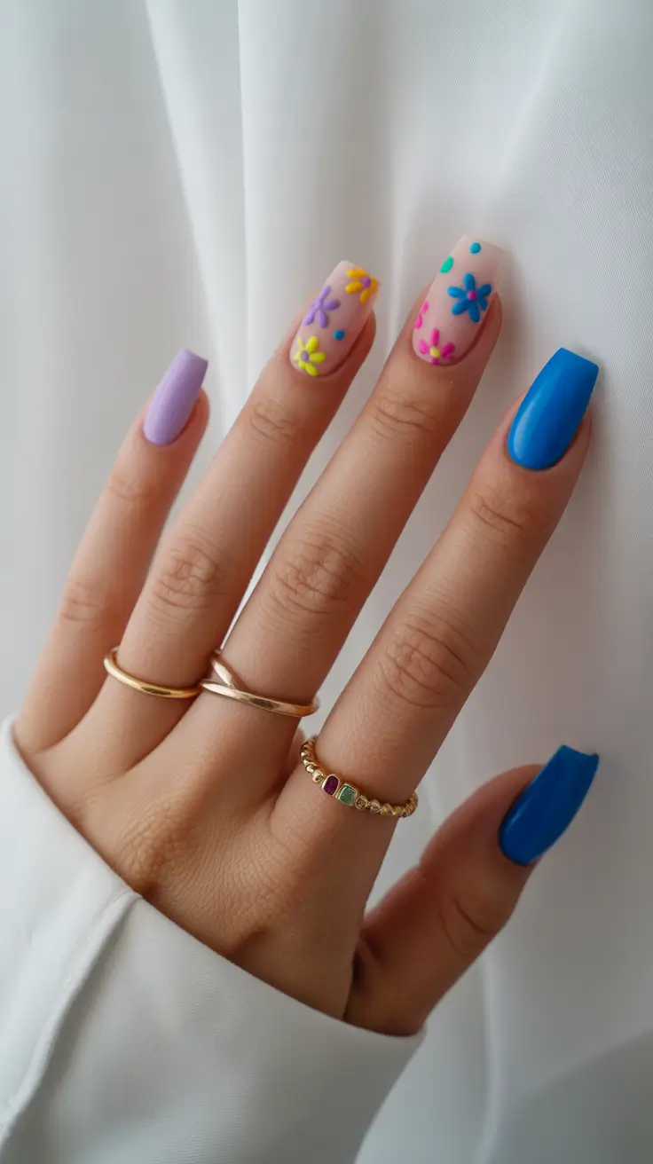 spring gel nails 2026 Playful Multicolor Florals With Bold Accent Shades