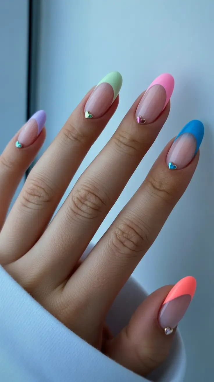 spring gel nails 2026 Pastel French Tips With Mini Heart Accents