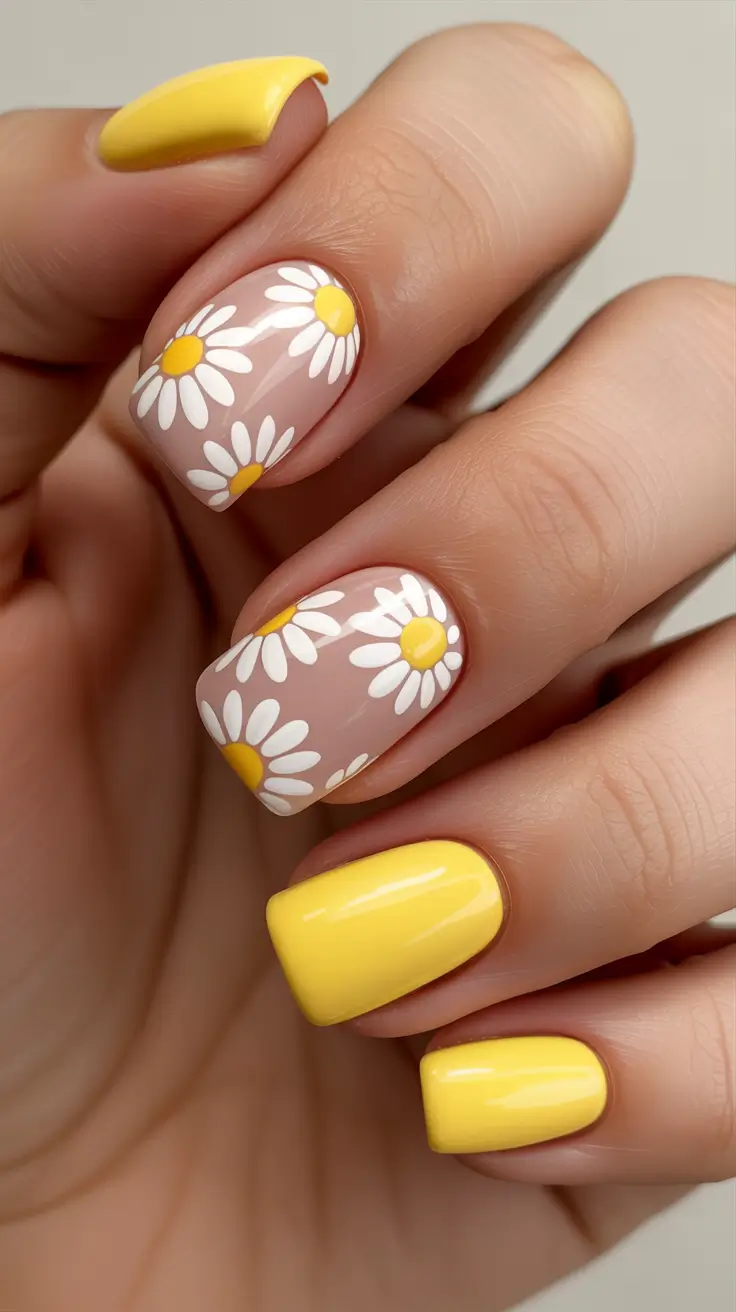 spring gel nails 2026 Cheerful Daisy Blooms With Lemon Yellow Accents