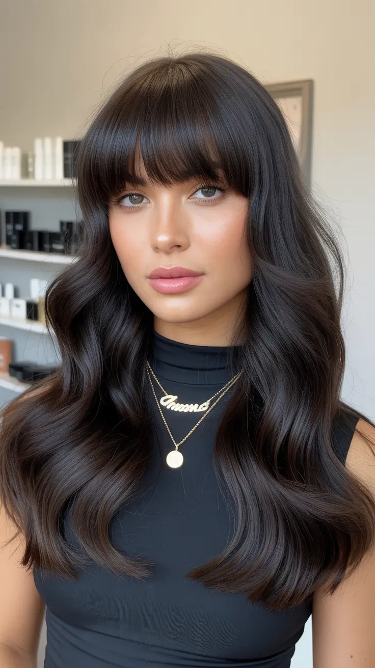 best spring long haircut trends 2026 Glossy Espresso Length With Full Soft Bangs