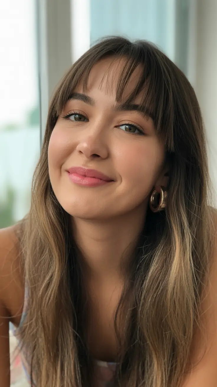 best spring long haircut trends 2026 Sunlit Brunette Length With Wispy Curtain Bangs