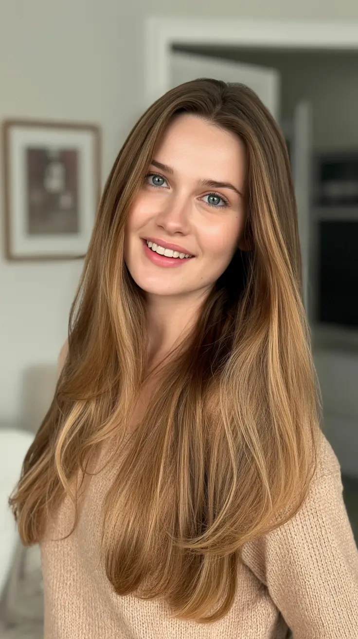 best spring long haircut trends 2026 Natural Honey Brunette With Seamless Long Layers