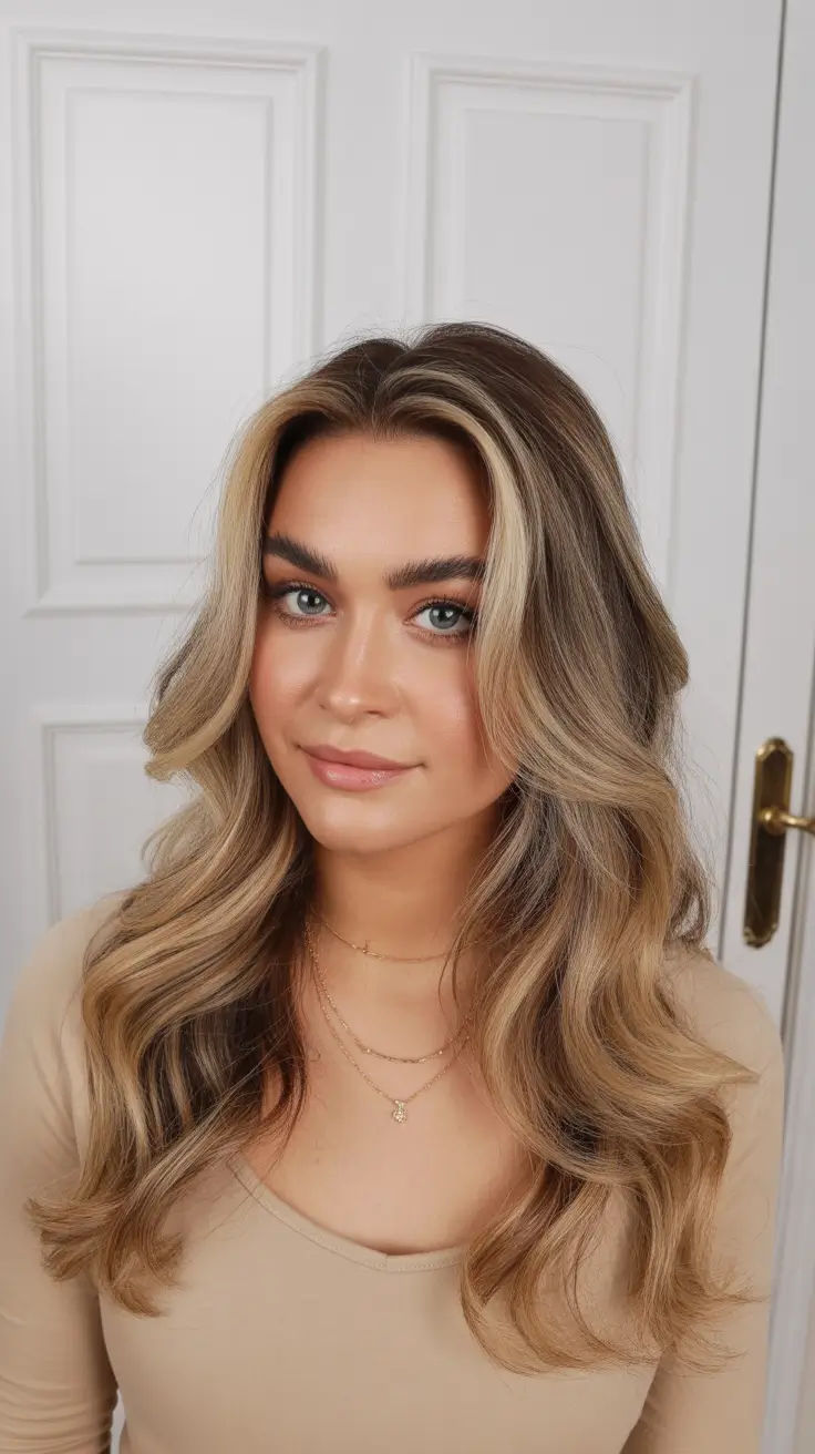 best spring long haircut trends 2026 Champagne Bronde With Face Framing Curtain Layers
