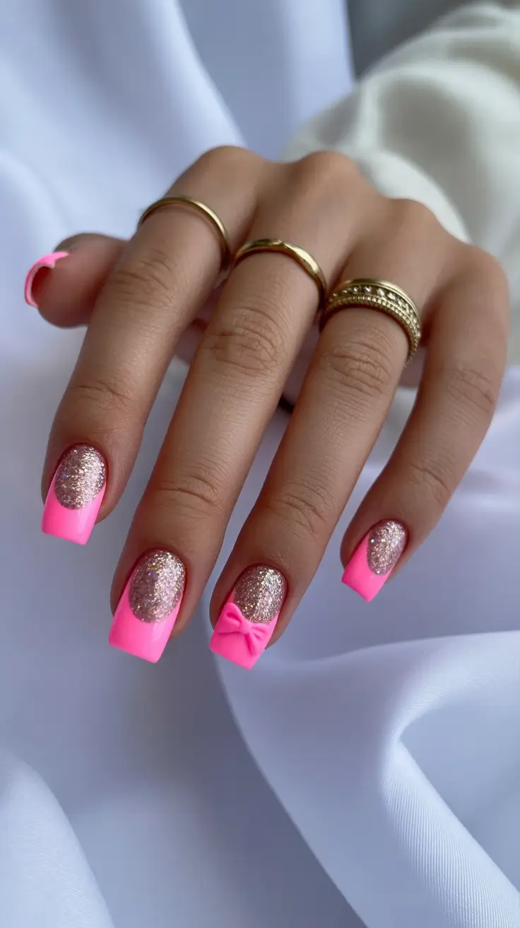best spring nails square 2026 Hot Pink Glitter French with Sculpted Accent