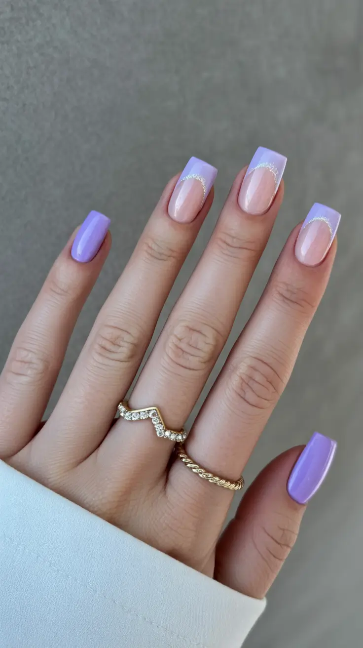 best spring nails square 2026 Lavender Micro Glitter French Square