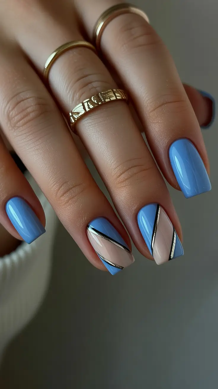 best spring nails square 2026 Powder Blue Geometric Line Accent
