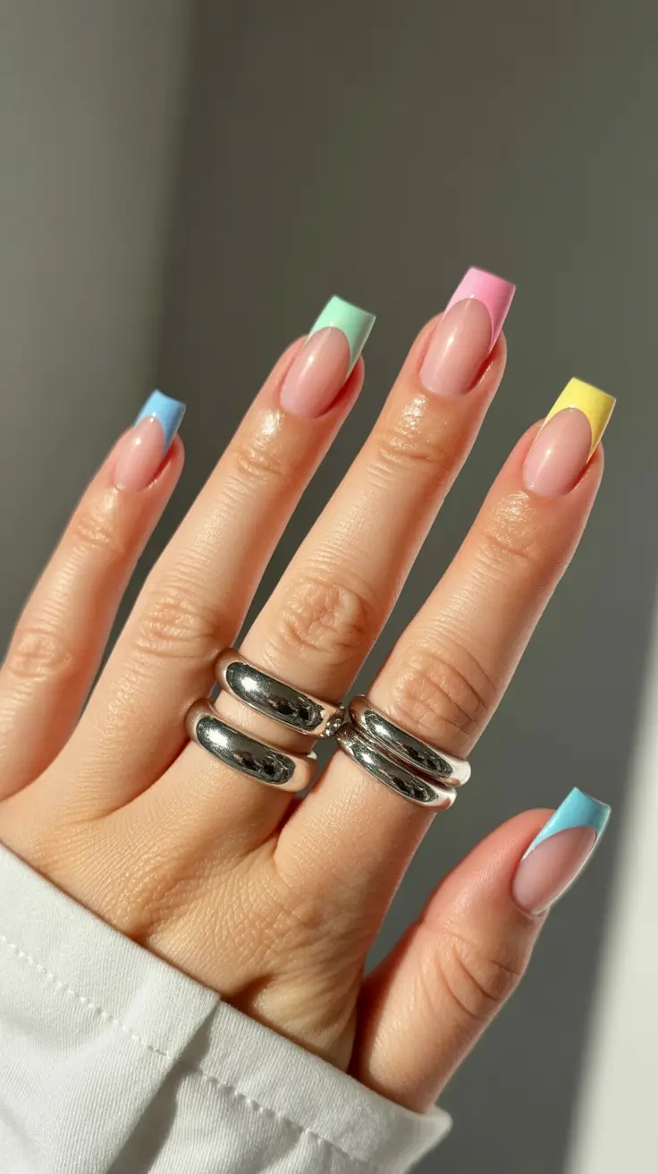 best spring nails square 2026 Rainbow Pastel French Square