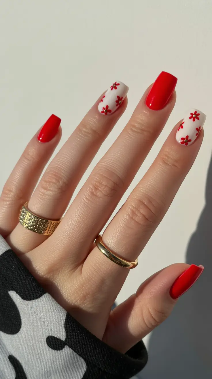 best spring nails square 2026 Red Floral Accent Square