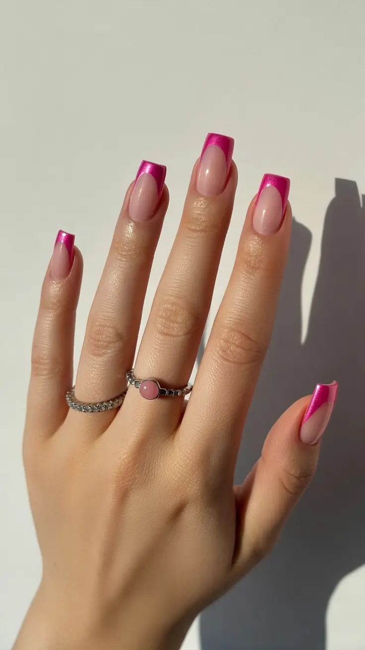 best spring nails square 2026 Metallic Pink Micro French on Natural Base