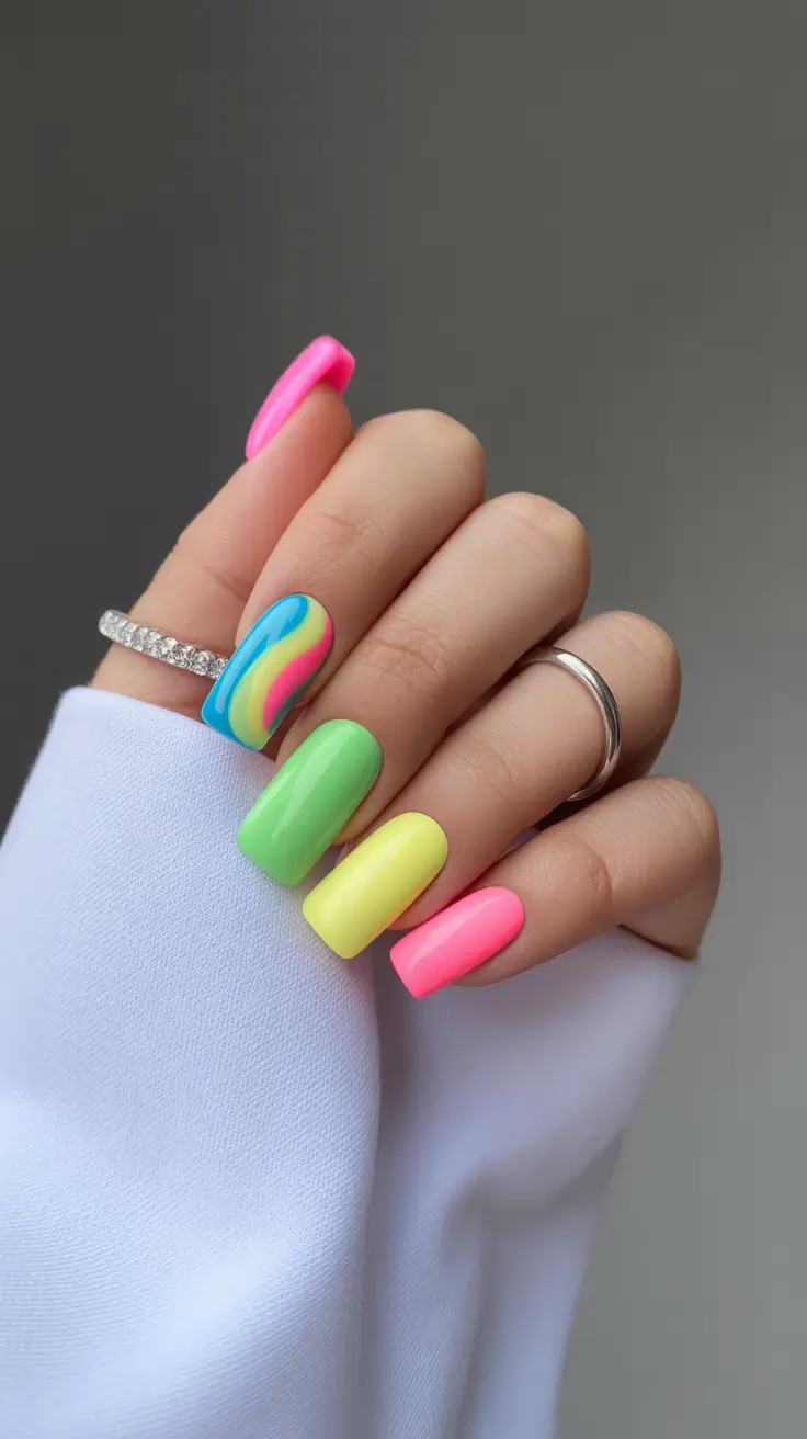 best spring nails square 2026 Neon Rainbow Pop Square Nails