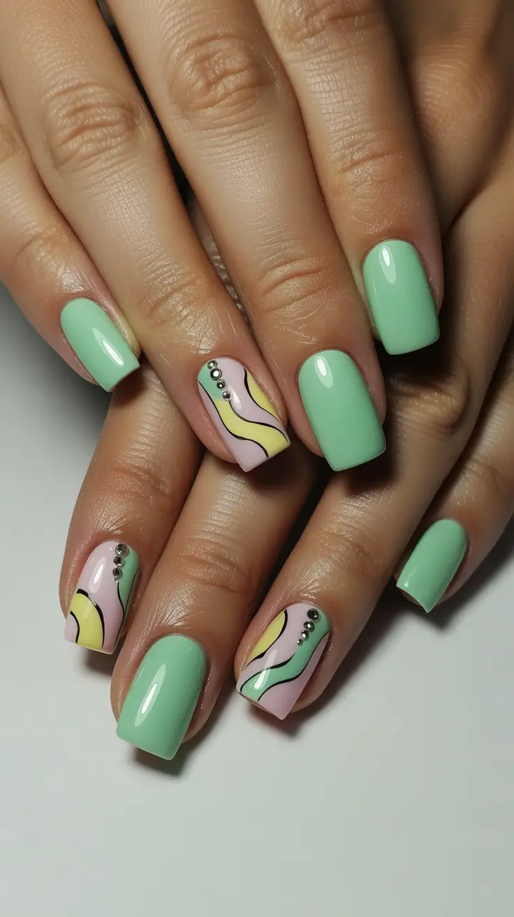 best spring nails square 2026 Mint Pastel Waves with Graphic Accent