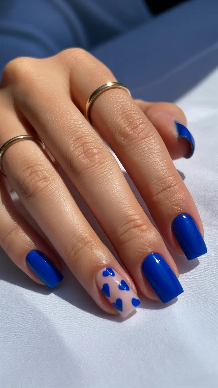 best spring nails square 2026 Cobalt Blue Hearts on Sheer Base