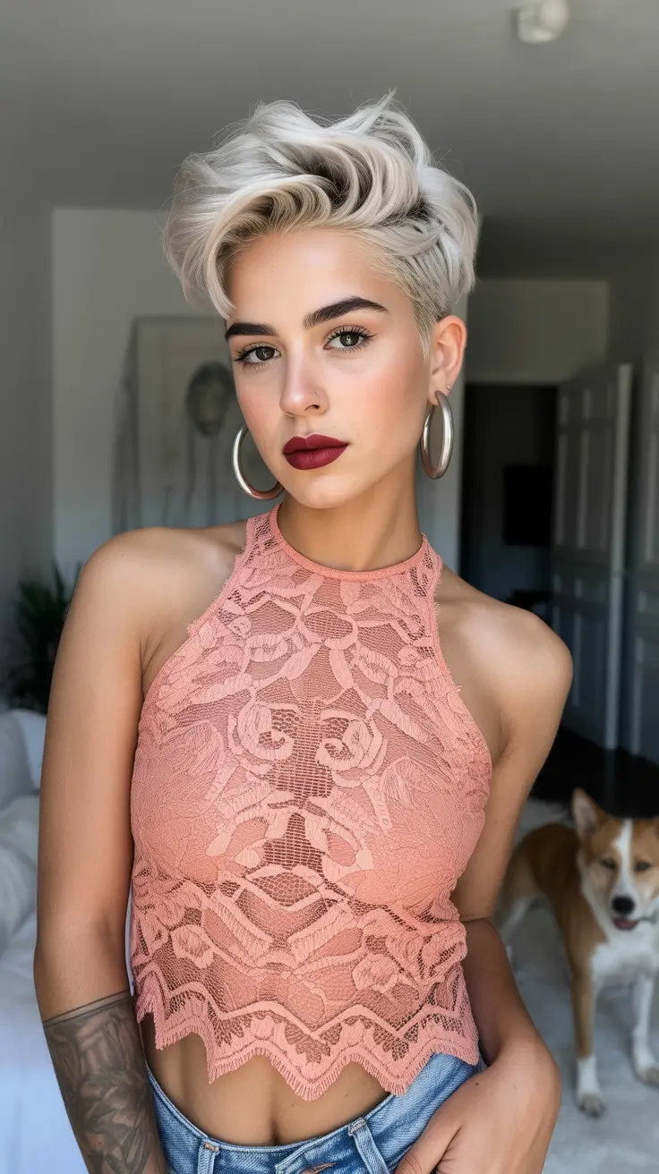 best spring short haircut ideas 2026 Voluminous Platinum Undercut Pixie