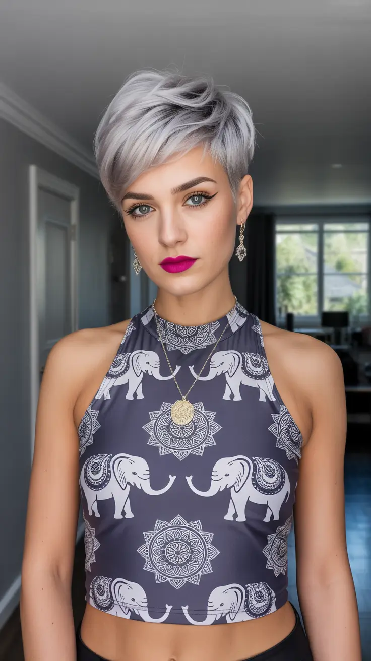 best spring short haircut ideas 2026 Silver Feathered Pixie Sweep