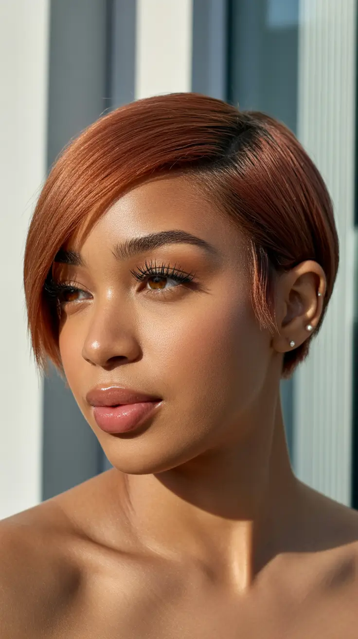 best spring short haircut ideas 2026 Side-Swept Copper Micro Bob
