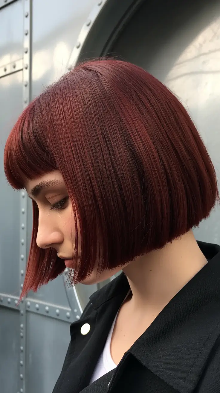 best spring short haircut ideas 2026 Graphic Auburn Precision Bob with Micro Bangs