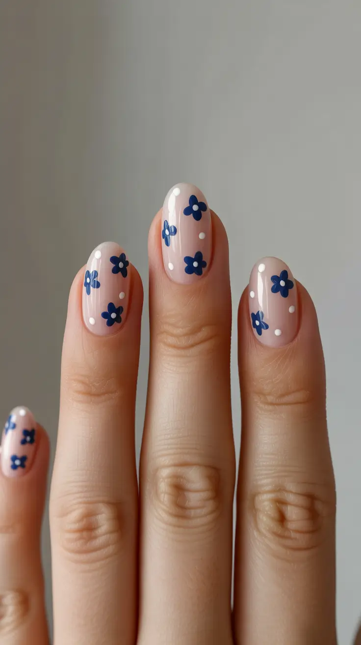 best trendy spring nails 2026 Playful Indigo Blossoms