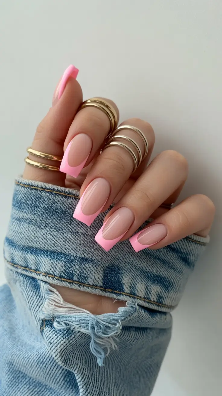 chic colorful spring nails 2026 Soft Pink French Square With Modern Edge