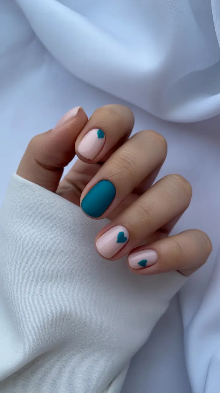 chic colorful spring nails 2026 Teal Heart Accent On Soft Nude Short Nails