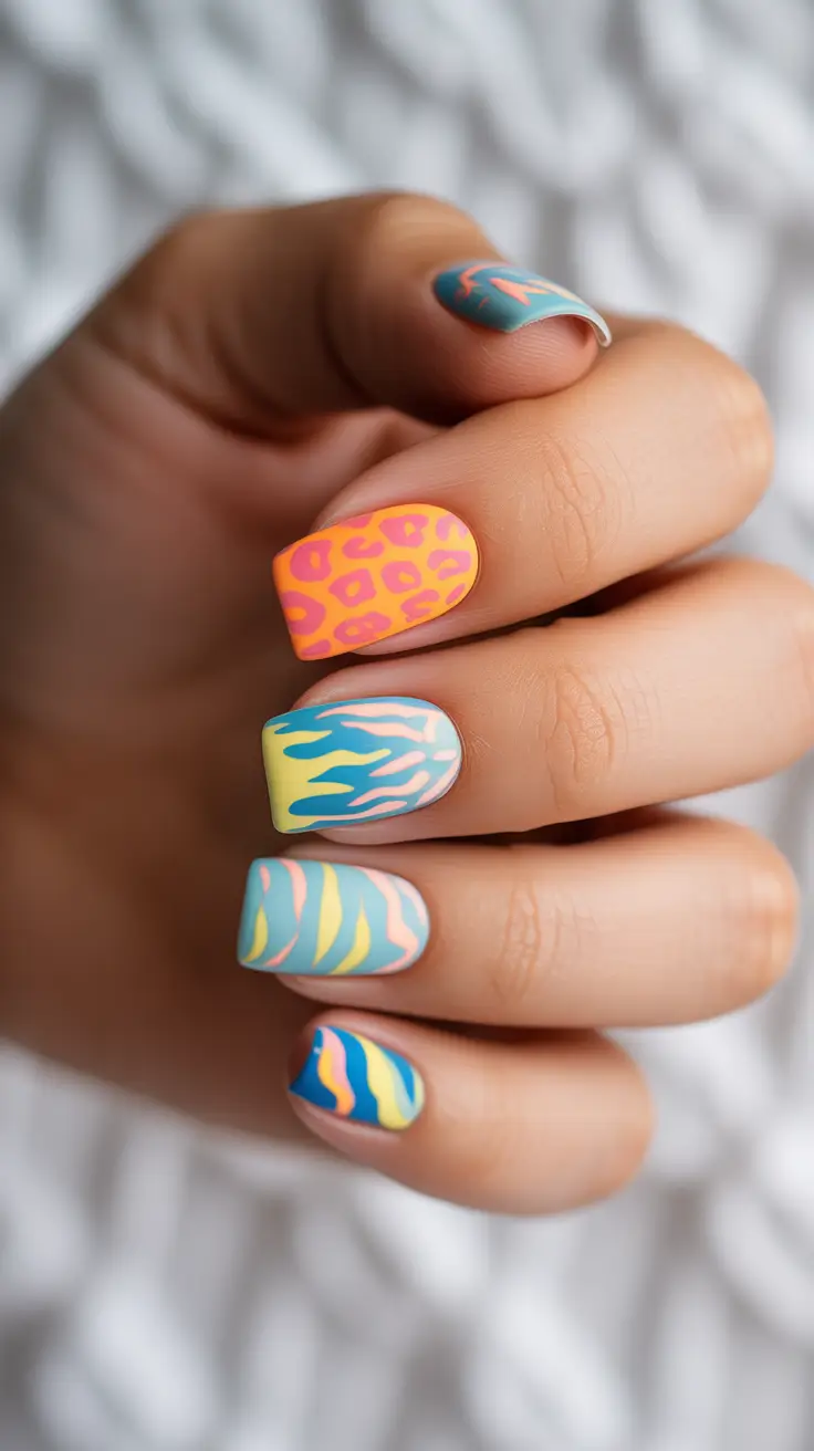 chic colorful spring nails 2026 Playful Multi Pattern Short Spring Nails