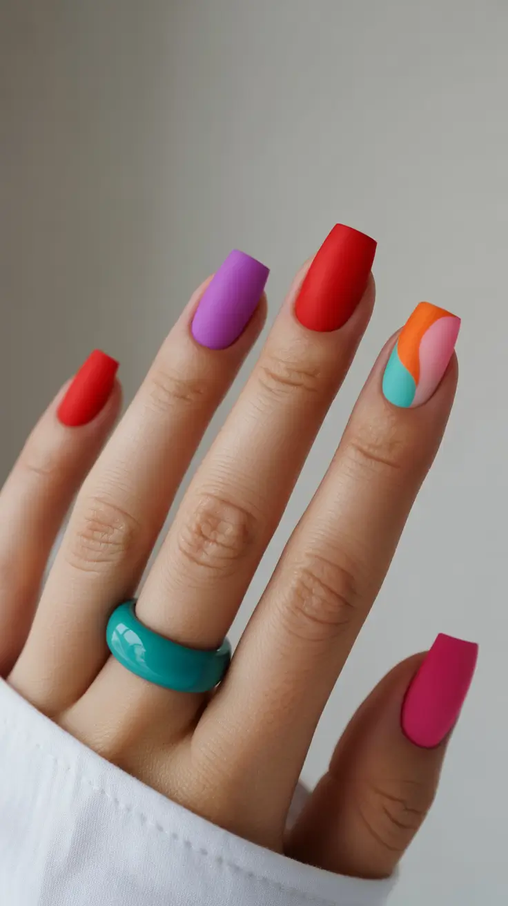chic colorful spring nails 2026 Matte Rainbow Color Block Coffin Nails