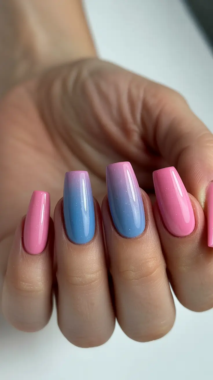 chic colorful spring nails 2026 Glossy Pink And Blue Ombre Spring Nails