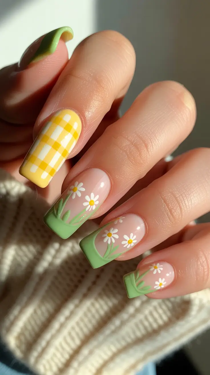 chic colorful spring nails 2026 Yellow Gingham And Daisy French Spring Nails